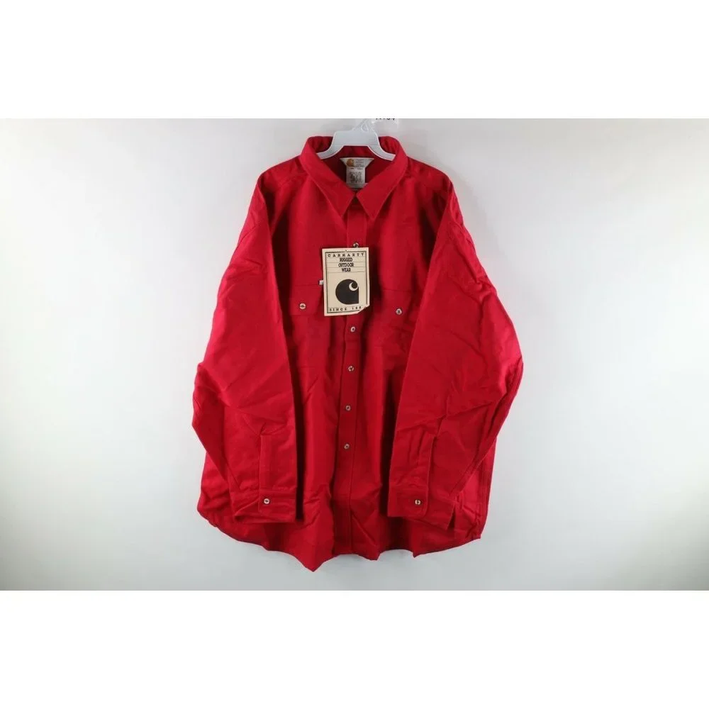 NOS Vtg 90s Carhartt Mens 4XL Double Pocket Chamois Cloth Button Shirt Red USA - Picture 1 of 8